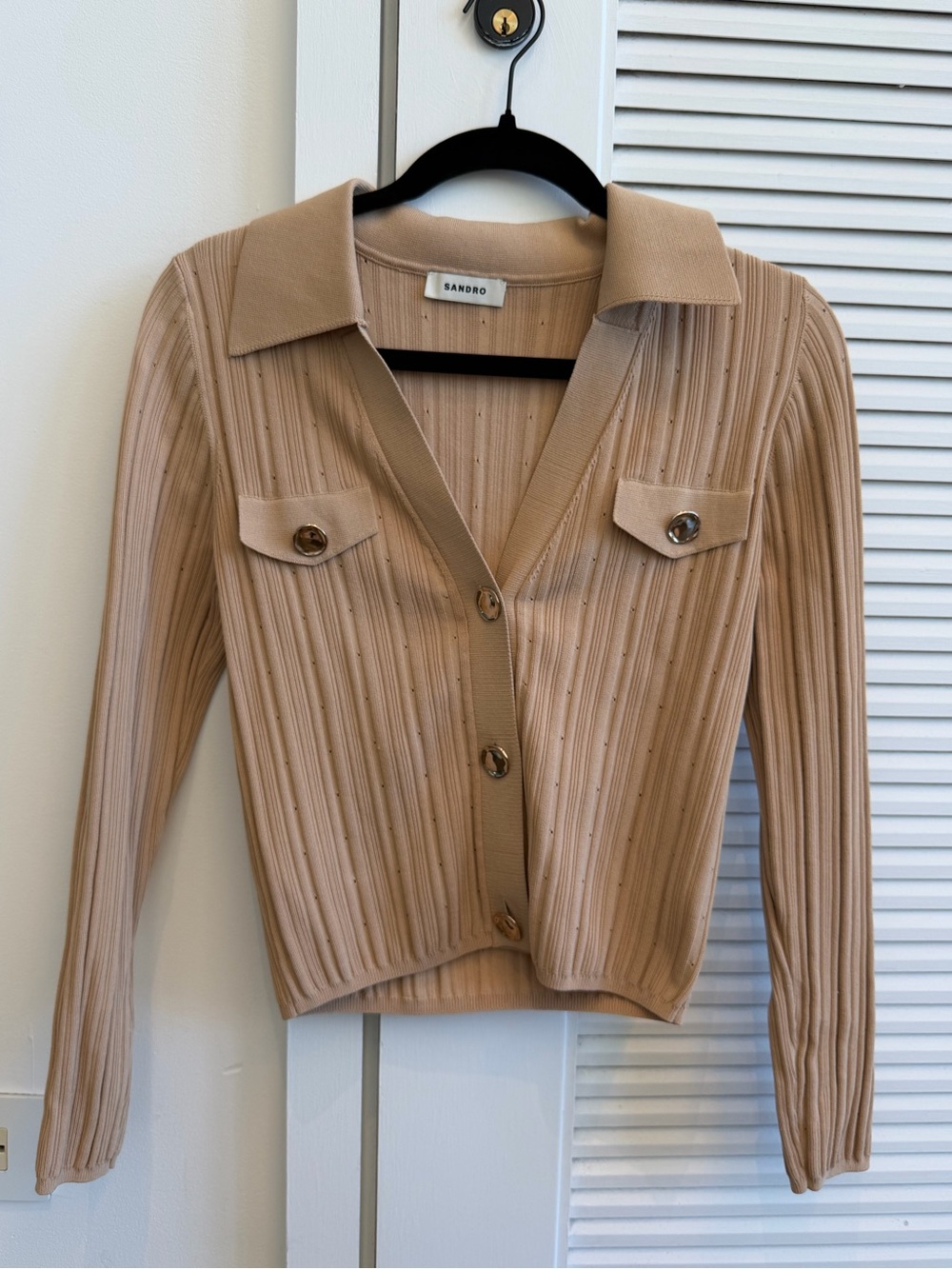 Sandro Camel Ribbed Knit Button-Front Jacket - Picture 2 of 9